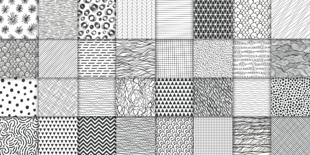 illustrations, cliparts, dessins animés et icônes de abstrait à la main dessiné géométrique simple minimaliste seamless patterns ensemble. polka dot, rayures, vagues, textures de symboles aléatoires. illustration vectorielle - polka dot