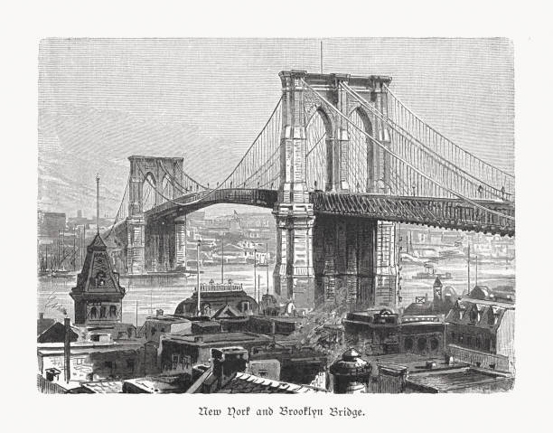 ilustraciones, imágenes clip art, dibujos animados e iconos de stock de brooklyn bridge, ciudad de nueva york, estados unidos, grabado en madera, publicado en 1897 - east river illustrations