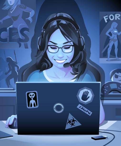 Young Woman Playing Video Games At Night Vector illustration of a young, female geek gamer with headphones, sitting at a desk playing video games late at night. Her room is decorated with comic book posters and action figures. Concept for video games, eSports, live streaming, women and girls in gaming, video game addiction and nerd culture. game developer stock illustrations