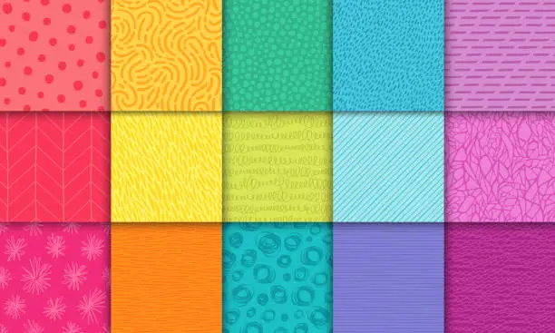 Vector illustration of Abstract hand drawn rainbow geometric simple minimalistic seamless patterns set. Polka dot, stripes, waves, random symbols textures. Vector illustration