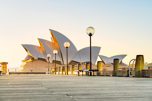 Sunrise overlooking the Sydney Opera House and Sydney Harbour in New South Wales, Australia