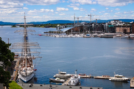 Sailing ship with blue sky background  in the port of Oslo, Norway