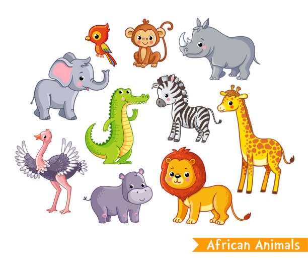 illustrazioni stock, clip art, cartoni animati e icone di tendenza di set vettoriale con animali africani. una collezione di simpatici mammiferi nella savana. - brindled