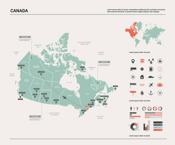 ilustraciones, imágenes clip art, dibujos animados e iconos de stock de mapa vectorial de canadá. alto mapa detallado del país con la división, ciudades y capital ottawa. mapa político, mapa del mundo, elementos infográficos. - map of canada