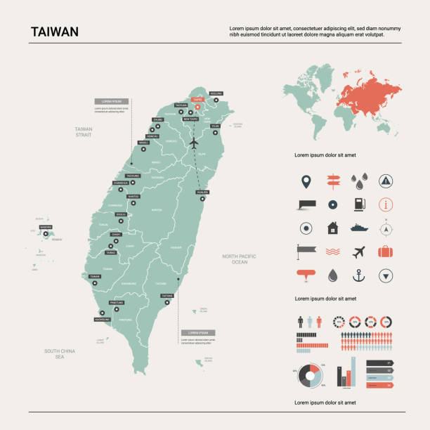 illustrazioni stock, clip art, cartoni animati e icone di tendenza di mappa vettoriale di taiwan. mappa del paese ad alta dettaglio con divisione, città e capitale taipei. mappa politica, mappa del mondo, elementi infografici. - taiwanese