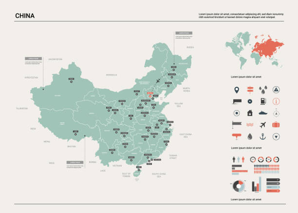 ilustrações, clipart, desenhos animados e ícones de mapa do vetor de china. mapa detalhado elevado do país com divisão, cidades e capital beijing. mapa político, mapa de mundo, elementos infográfico. - capital cities illustrations