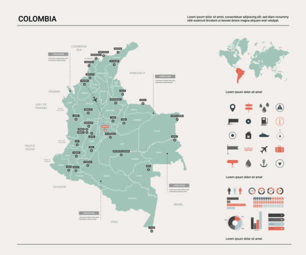 ilustraciones, imágenes clip art, dibujos animados e iconos de stock de mapa vectorial de colombia. alto mapa detallado del país con la división, ciudades y capital bogotá. mapa político, mapa del mundo, elementos infográficos. - colombia map