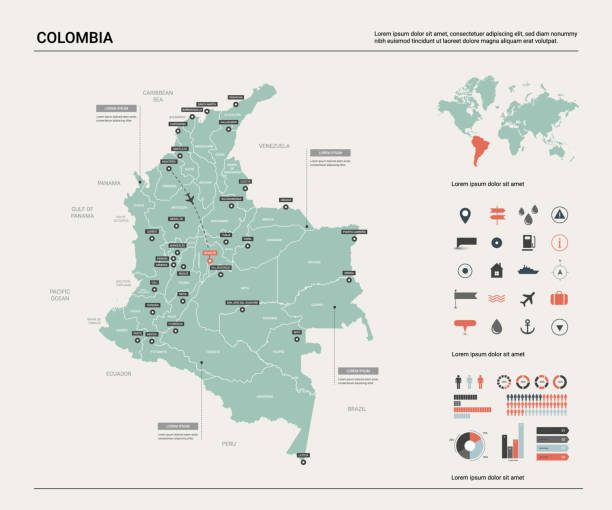 ilustrações de stock, clip art, desenhos animados e ícones de vector map of colombia. high detailed country map with division, cities and capital bogota. political map,  world map, infographic elements. - colombia map