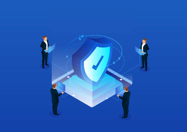 Isometric network security technology Isometric network security technology security staff stock illustrations