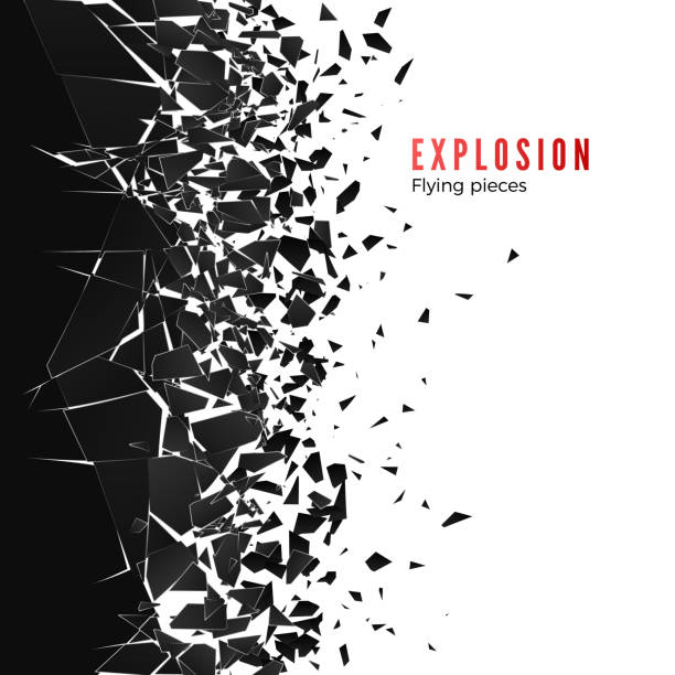 ilustraciones, imágenes clip art, dibujos animados e iconos de stock de nube abstracta de piezas y fragmentos después de la explosión de la pared. efecto de rotura y destrucción. ilustración vectorial - explosive