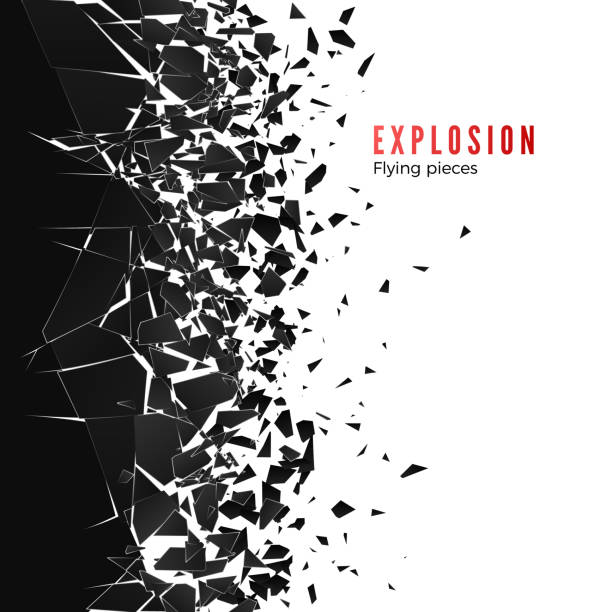 Abstract cloud of pieces and fragments after wall explosion. Shatter and destruction effect. Vector illustration Abstract cloud of pieces and fragments after wall explosion. Shatter and destruction effect. Vector illustration disintegration stock illustrations