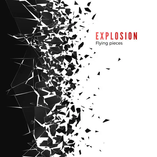 Vector illustration of Abstract cloud of pieces and fragments after wall explosion. Shatter and destruction effect. Vector illustration