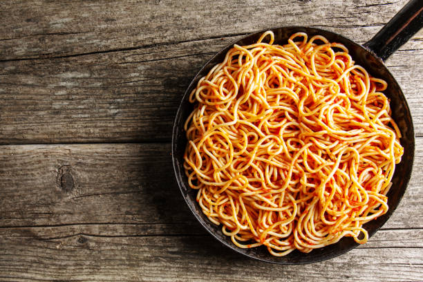 istock Italian spaghetti with tomato sauce on pan 1145805632