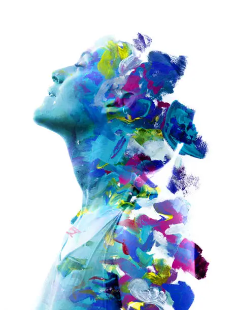 Photo of Paintography. Double exposure. Close up of a strong attractive model combined with colorful hand drawn acryllic paintings with overlapping brushstroke texture