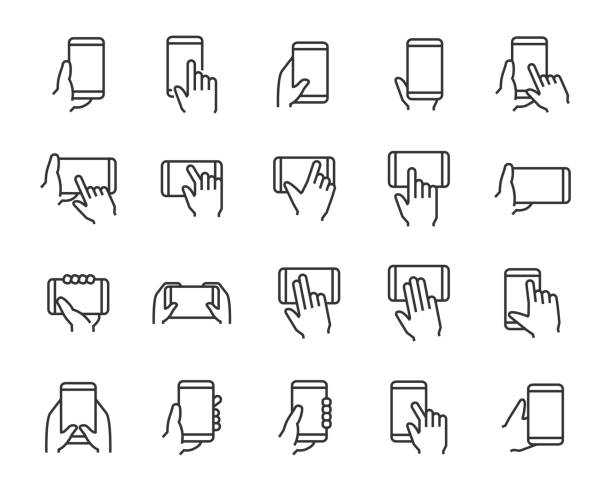 set of phone icons, such as hand, app, phone, tap, touch, laptop, computer set of phone icons, such as hand, app, phone, tap, touch, laptop, computer portability illustrations stock illustrations