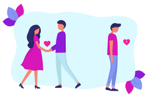 Love triangle. A woman is dating another man. A guy with a broken heart. Modern flat vector illustration. jealous ex girlfriend stock illustrations