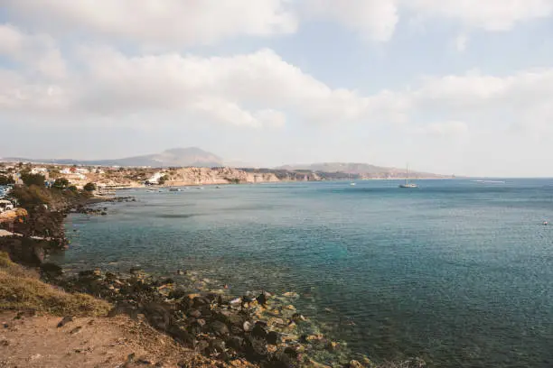 View from Red beach to Akrotiri bay, Santorini Greece