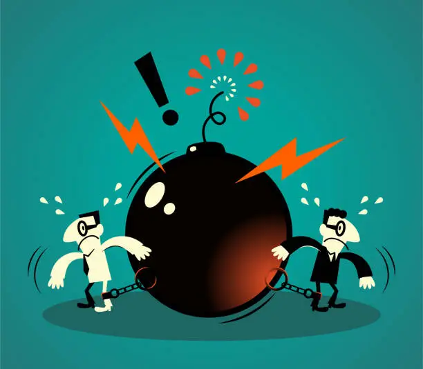 Vector illustration of Two scared businessmen are locked in a big burning bomb ball and chain
