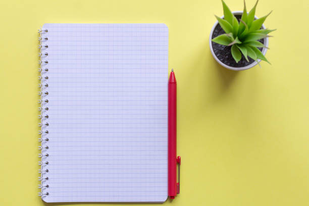 istock clean checkered Notepad and red ballpoint pen on yellow background 1145814703