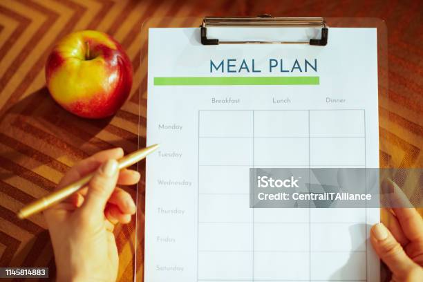Closeup On Female Hands Holding Clipboard And Filling Meal Plan Stock Photo - Download Image Now