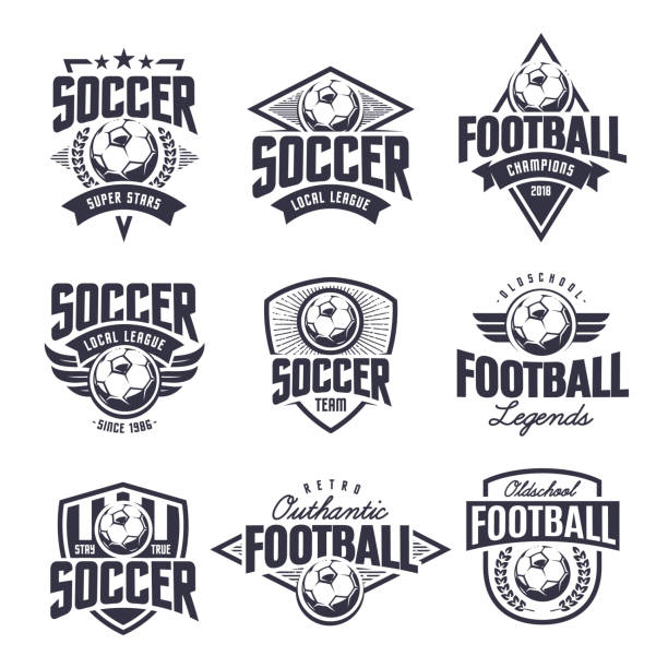 illustrazioni stock, clip art, cartoni animati e icone di tendenza di set di emblemi vettoriali classici del calcio - calcio sport illustrazioni