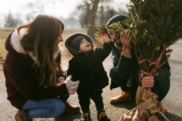 istock Baby boy and his first Christmas tree 1145816871