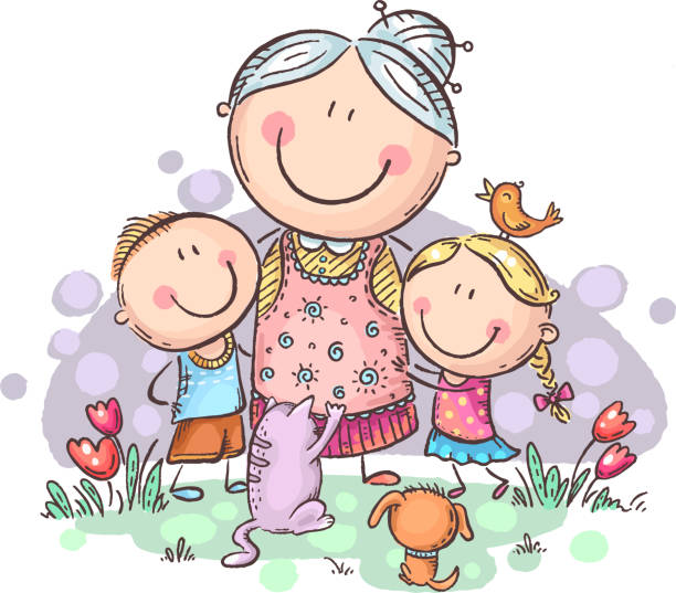 ilustraciones, imágenes clip art, dibujos animados e iconos de stock de todo el mundo ama a la abuela, abuela con nietos y mascotas, colorido vector clipart - grandmother