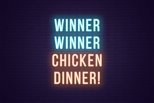 illustrazioni stock, clip art, cartoni animati e icone di tendenza di slogan di gioco al neon, winner winner chicken dinner - titles