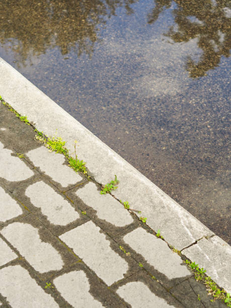 istock Wet pavement and puddle. Urban detail 1145833283
