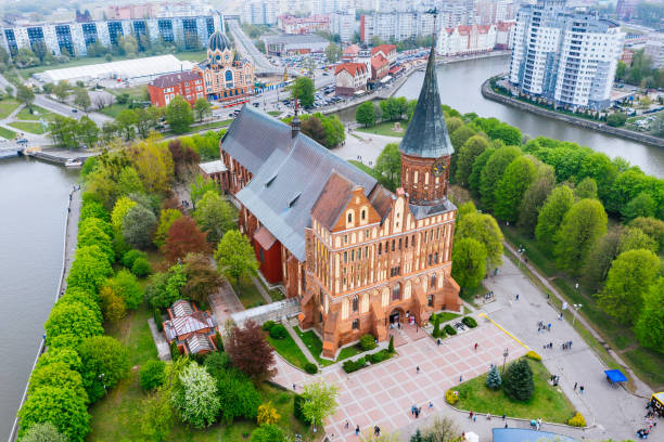 Immanuel Kant cathedral in Kaliningrad. Aerial drone shot. Aerial cityscape of Kant Island in Kaliningrad. Kant cathedral in the centre of the shot. immanuel stock pictures, royalty-free photos & images