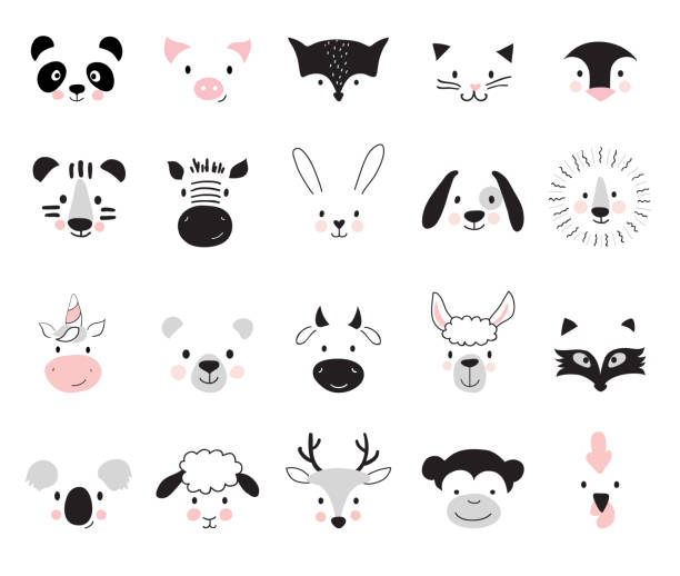 ilustraciones, imágenes clip art, dibujos animados e iconos de stock de lindos animales. - cabeza de animal