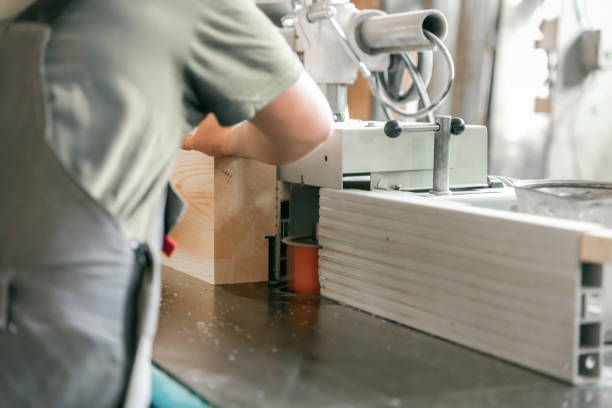 istock Processing of wooden beams on the machine. 1145838085