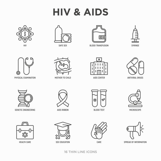 hiv i aids cienkie ikony linii zestaw: bezpieczny seks, transfuzja krwi, strzykawka, leki przeciwwirusowe, badanie fizykalne, aids wstążki, badanie krwi, mikroskop, inżynieria genetyczna. nowoczesna ilustracja wektorowa. - hiv stock illustrations
