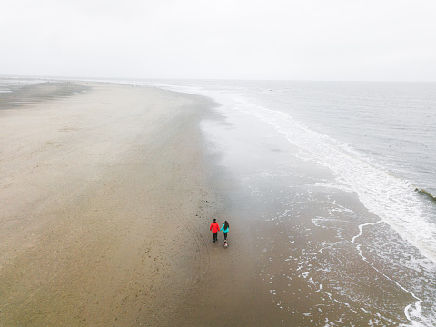 Aerial view of woman, man and dog walking at the beach in Netherlands