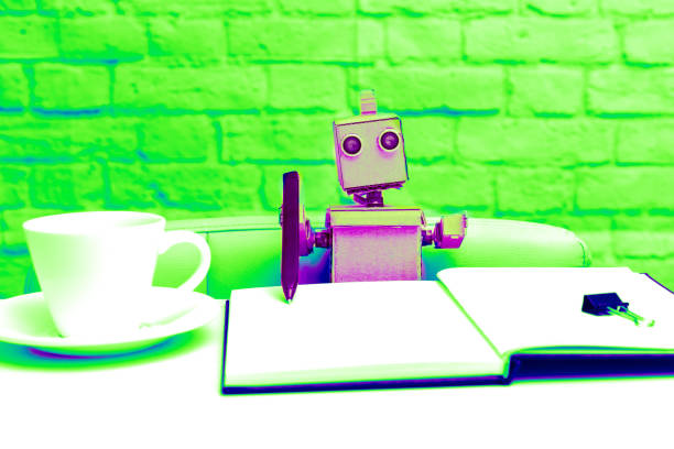 The robot is working at the table. duotone effect. Vivid green color