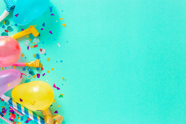 istock Decoration party Balloons and various party decorations with copy space top view 1145843844