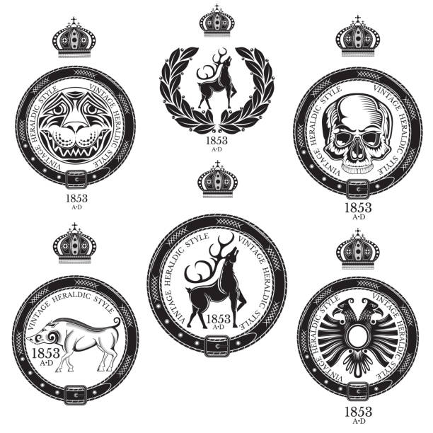 illustrations, cliparts, dessins animés et icônes de ensemble d’éléments royaux vintage de ceinture et couronne avec animal à l’intérieur. étiquette vintage héraldique sur le blanc - deer skull