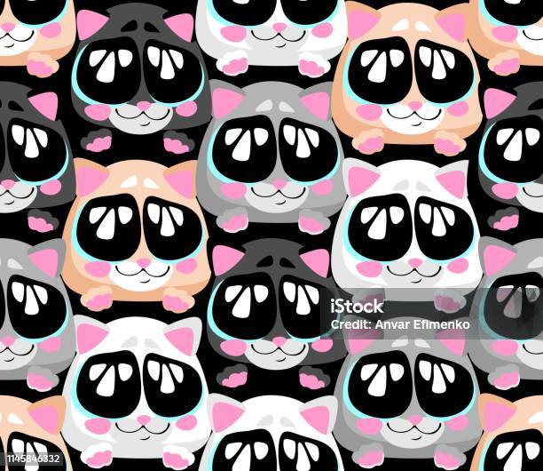 Seamless Vector Pattern Cute Kittens With Big Eyes Stock Illustration - Download Image Now - Animal, Beauty, Cartoon