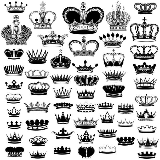 duży zestaw czarnych sylwetek korony na białym - duke stock illustrations