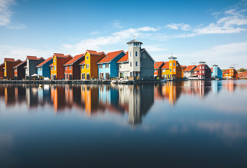 Colorful houses in Reitdiephaven, a district in the City Groningen.