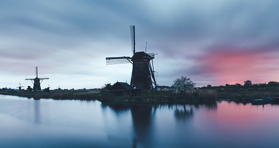 Kinderdijk windmills on a cold colorful spring morning.