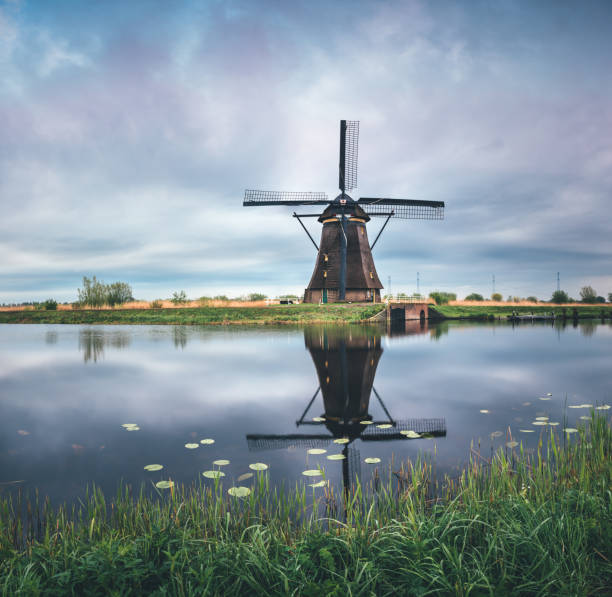 kinderdijk windmill - scenics landscape windmill sunrise imagens e fotografias de stock