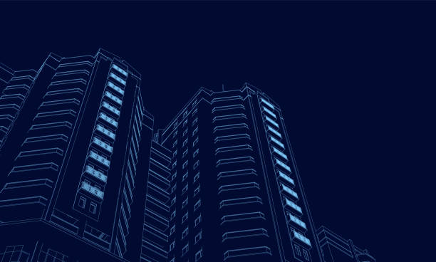어두운 배경에 파란색 선 건물의 와이어 프레임. 관점에서 3d. 폴리곤 건물. 벡터 일러스트 - skyscraper stock illustrations