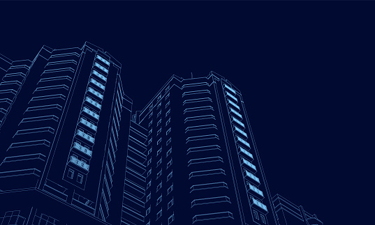 Wireframe of the building of the blue lines on a dark background. 3D. Polygonal building in perspective. Vector illustration.