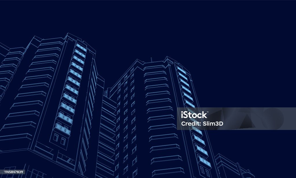 Wireframe of the building of the blue lines on a dark background. 3D. Polygonal building in perspective. Vector illustration Wireframe of the building of the blue lines on a dark background. 3D. Polygonal building in perspective. Vector illustration. Building Exterior stock vector
