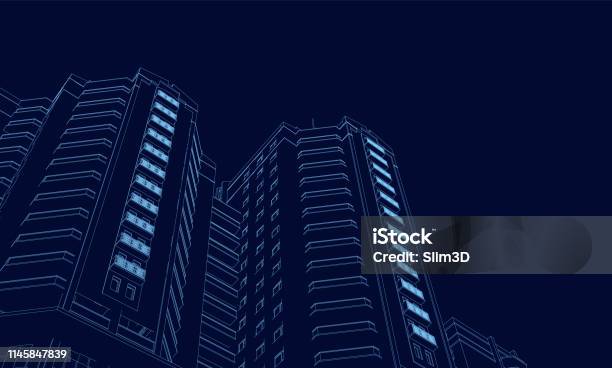Wireframe Of The Building Of The Blue Lines On A Dark Background 3d Polygonal Building In Perspective Vector Illustration Stock Illustration - Download Image Now