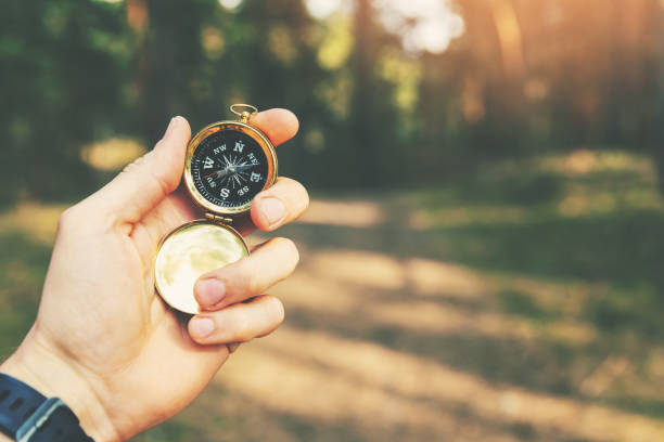 istock orienteering in the woods compass in the hand 1145848231