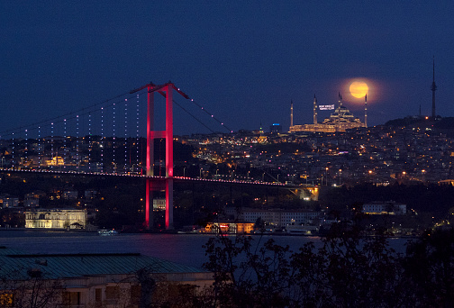 Çamlıca Mosque and 15 july martyrs-Bosphorus  Bridge in İstanbul , full moon rising
