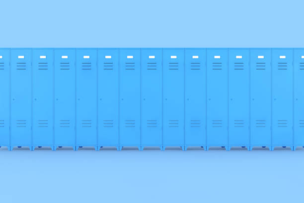 istock Row of Blue Metal Gym Lockers. 3d Rendering 1145850810