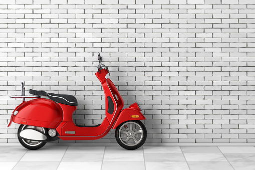 Red Classic Vintage Retro or Electric Scooter in front of brick wall. 3d Rendering